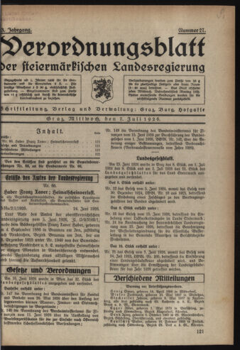 Verordnungsblatt der steiermärkischen Landesregierung 19260707 Seite: 1