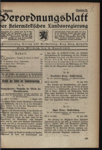 Verordnungsblatt der steiermärkischen Landesregierung 19260811 Seite: 1