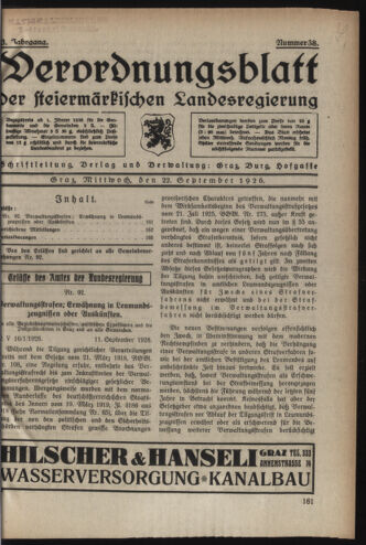 Verordnungsblatt der steiermärkischen Landesregierung 19260922 Seite: 1