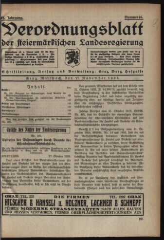 Verordnungsblatt der steiermärkischen Landesregierung 19261117 Seite: 1