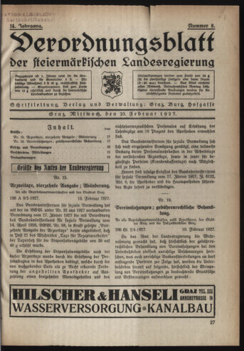 Verordnungsblatt der steiermärkischen Landesregierung 19270223 Seite: 1