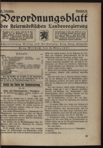 Verordnungsblatt der steiermärkischen Landesregierung 19270330 Seite: 1