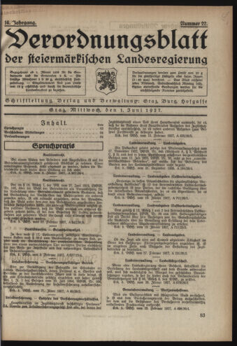 Verordnungsblatt der steiermärkischen Landesregierung 19270601 Seite: 1