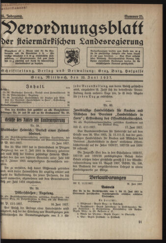 Verordnungsblatt der steiermärkischen Landesregierung 19270622 Seite: 1