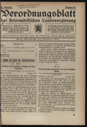 Verordnungsblatt der steiermärkischen Landesregierung 19270629 Seite: 1