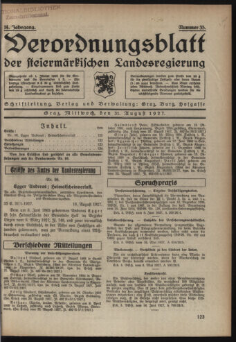 Verordnungsblatt der steiermärkischen Landesregierung 19270831 Seite: 1