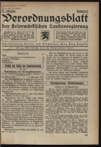 Verordnungsblatt der steiermärkischen Landesregierung 19270914 Seite: 1