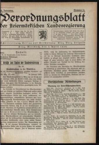 Verordnungsblatt der steiermärkischen Landesregierung 19290403 Seite: 1