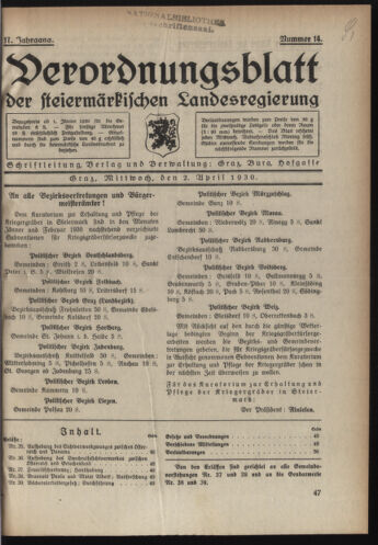 Verordnungsblatt der steiermärkischen Landesregierung 19300402 Seite: 1