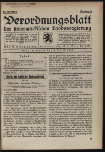 Verordnungsblatt der steiermärkischen Landesregierung 19300409 Seite: 1