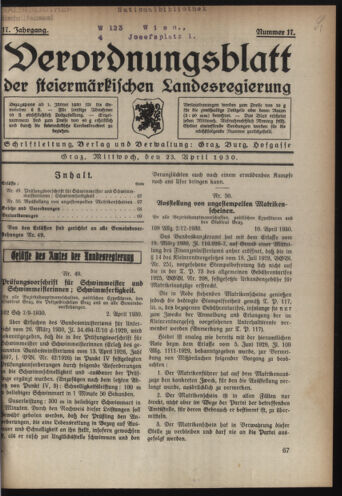 Verordnungsblatt der steiermärkischen Landesregierung 19300423 Seite: 1