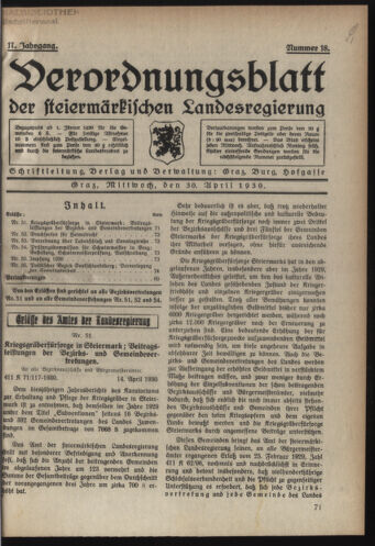 Verordnungsblatt der steiermärkischen Landesregierung 19300430 Seite: 1