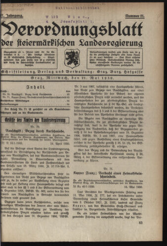 Verordnungsblatt der steiermärkischen Landesregierung 19300521 Seite: 1