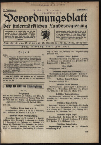 Verordnungsblatt der steiermärkischen Landesregierung 19300702 Seite: 1