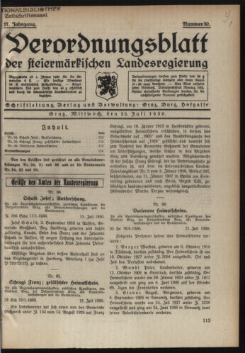 Verordnungsblatt der steiermärkischen Landesregierung 19300723 Seite: 1