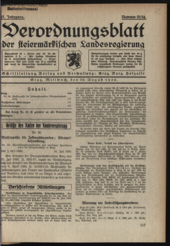 Verordnungsblatt der steiermärkischen Landesregierung 19300820 Seite: 1