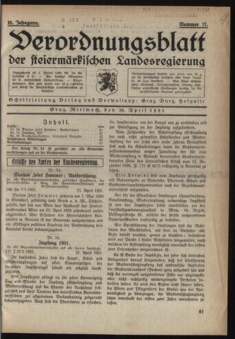 Verordnungsblatt der steiermärkischen Landesregierung 19310429 Seite: 1