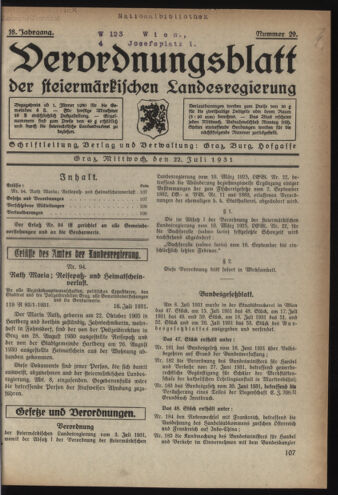 Verordnungsblatt der steiermärkischen Landesregierung 19310722 Seite: 1