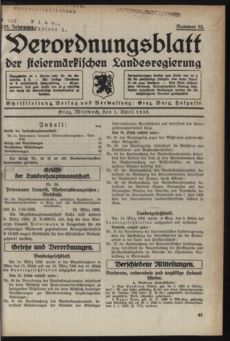 Verordnungsblatt der steiermärkischen Landesregierung 19360401 Seite: 1