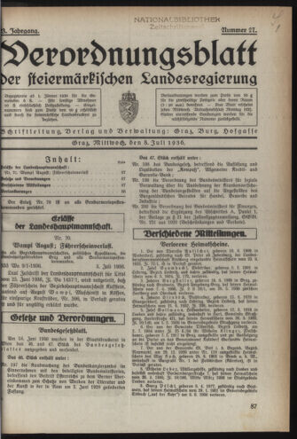 Verordnungsblatt der steiermärkischen Landesregierung 19360708 Seite: 1