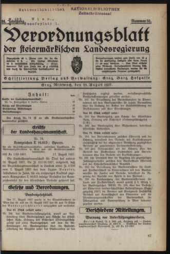 Verordnungsblatt der steiermärkischen Landesregierung 19370825 Seite: 1