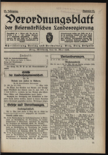 Verordnungsblatt der steiermärkischen Landesregierung 19380525 Seite: 1