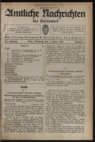 Verordnungsblatt der steiermärkischen Landesregierung 19390104 Seite: 1