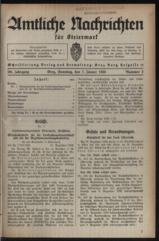 Verordnungsblatt der steiermärkischen Landesregierung 19390107 Seite: 1