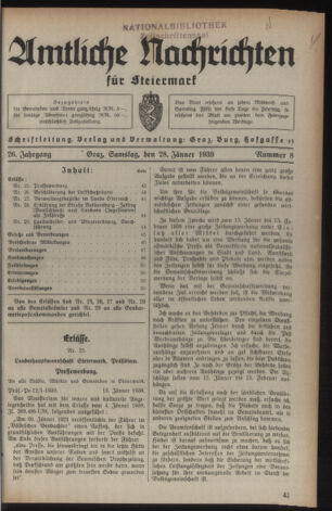 Verordnungsblatt der steiermärkischen Landesregierung 19390128 Seite: 1