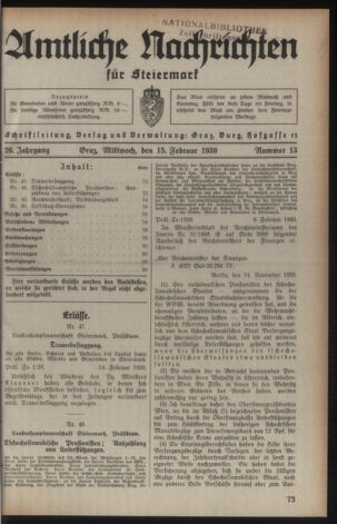 Verordnungsblatt der steiermärkischen Landesregierung 19390215 Seite: 1