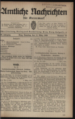 Verordnungsblatt der steiermärkischen Landesregierung 19390311 Seite: 1