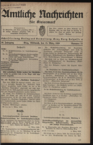 Verordnungsblatt der steiermärkischen Landesregierung 19390315 Seite: 1