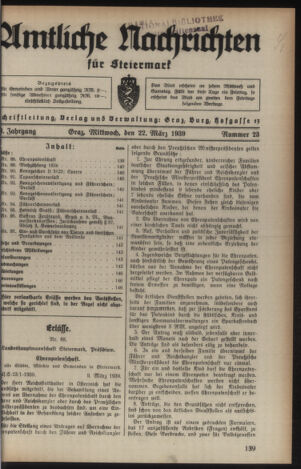 Verordnungsblatt der steiermärkischen Landesregierung 19390322 Seite: 1