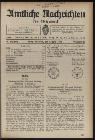 Verordnungsblatt der steiermärkischen Landesregierung 19390405 Seite: 1