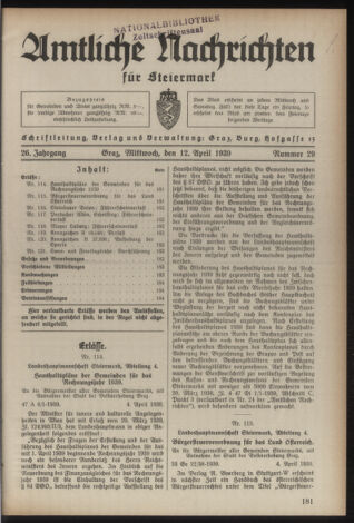 Verordnungsblatt der steiermärkischen Landesregierung 19390412 Seite: 1