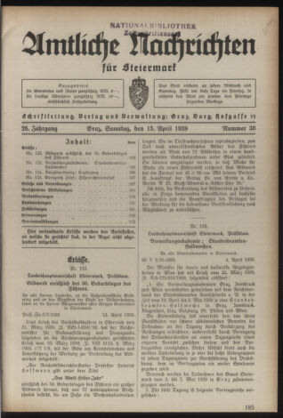 Verordnungsblatt der steiermärkischen Landesregierung 19390415 Seite: 1