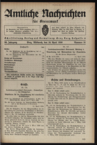 Verordnungsblatt der steiermärkischen Landesregierung 19390419 Seite: 1