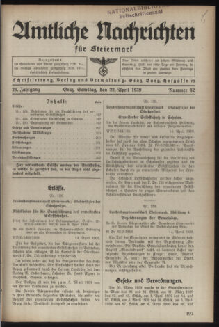 Verordnungsblatt der steiermärkischen Landesregierung 19390422 Seite: 1