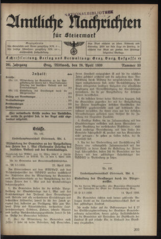 Verordnungsblatt der steiermärkischen Landesregierung 19390426 Seite: 1