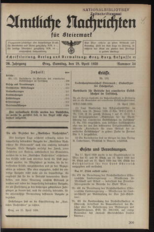 Verordnungsblatt der steiermärkischen Landesregierung 19390429 Seite: 1