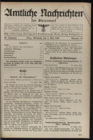 Verordnungsblatt der steiermärkischen Landesregierung 19390503 Seite: 1