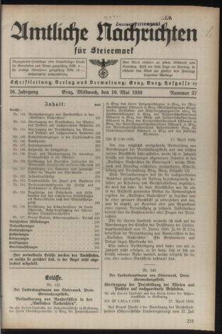 Verordnungsblatt der steiermärkischen Landesregierung 19390510 Seite: 1