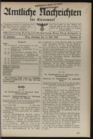 Verordnungsblatt der steiermärkischen Landesregierung 19390513 Seite: 1