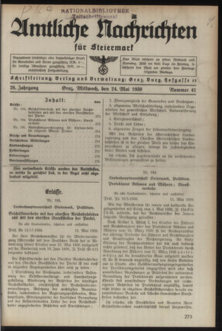 Verordnungsblatt der steiermärkischen Landesregierung 19390524 Seite: 1