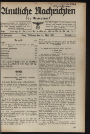 Verordnungsblatt der steiermärkischen Landesregierung 19390531 Seite: 1