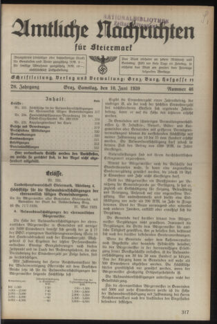 Verordnungsblatt der steiermärkischen Landesregierung 19390610 Seite: 1