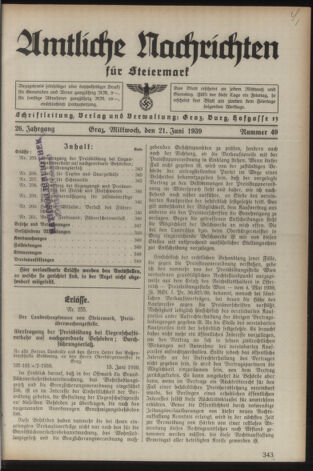 Verordnungsblatt der steiermärkischen Landesregierung 19390621 Seite: 1