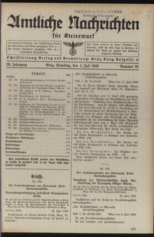 Verordnungsblatt der steiermärkischen Landesregierung 19390701 Seite: 1