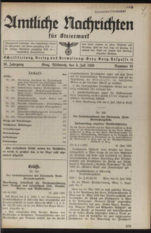 Verordnungsblatt der steiermärkischen Landesregierung 19390705 Seite: 1