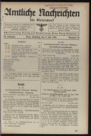 Verordnungsblatt der steiermärkischen Landesregierung 19390708 Seite: 1